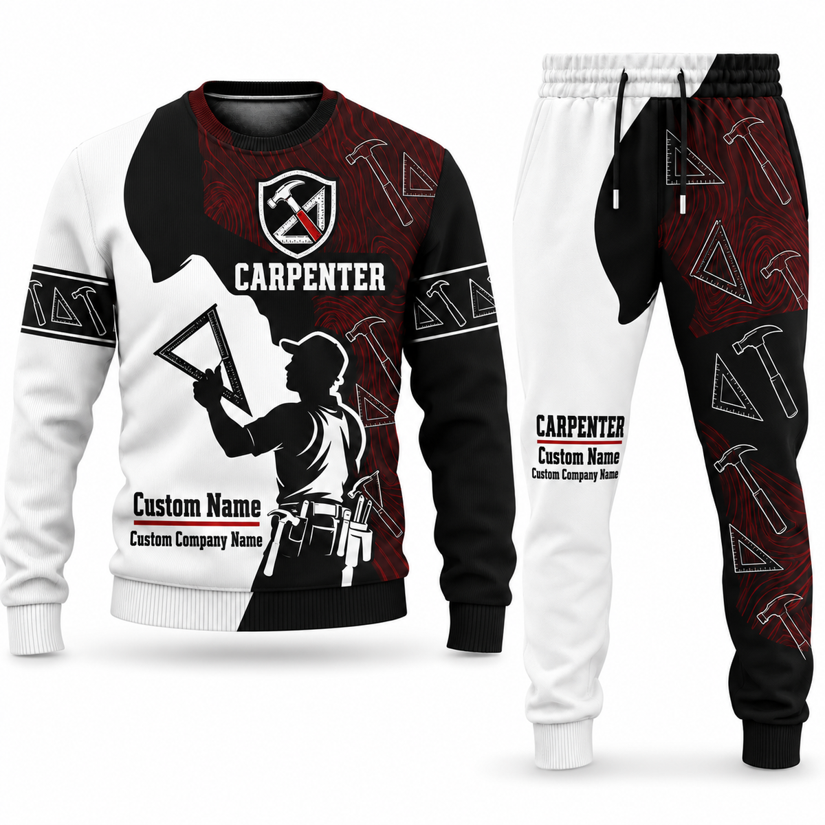 Carpenter Contrast Silhouette sweater and jogger combo, emblem view with name and company artwork