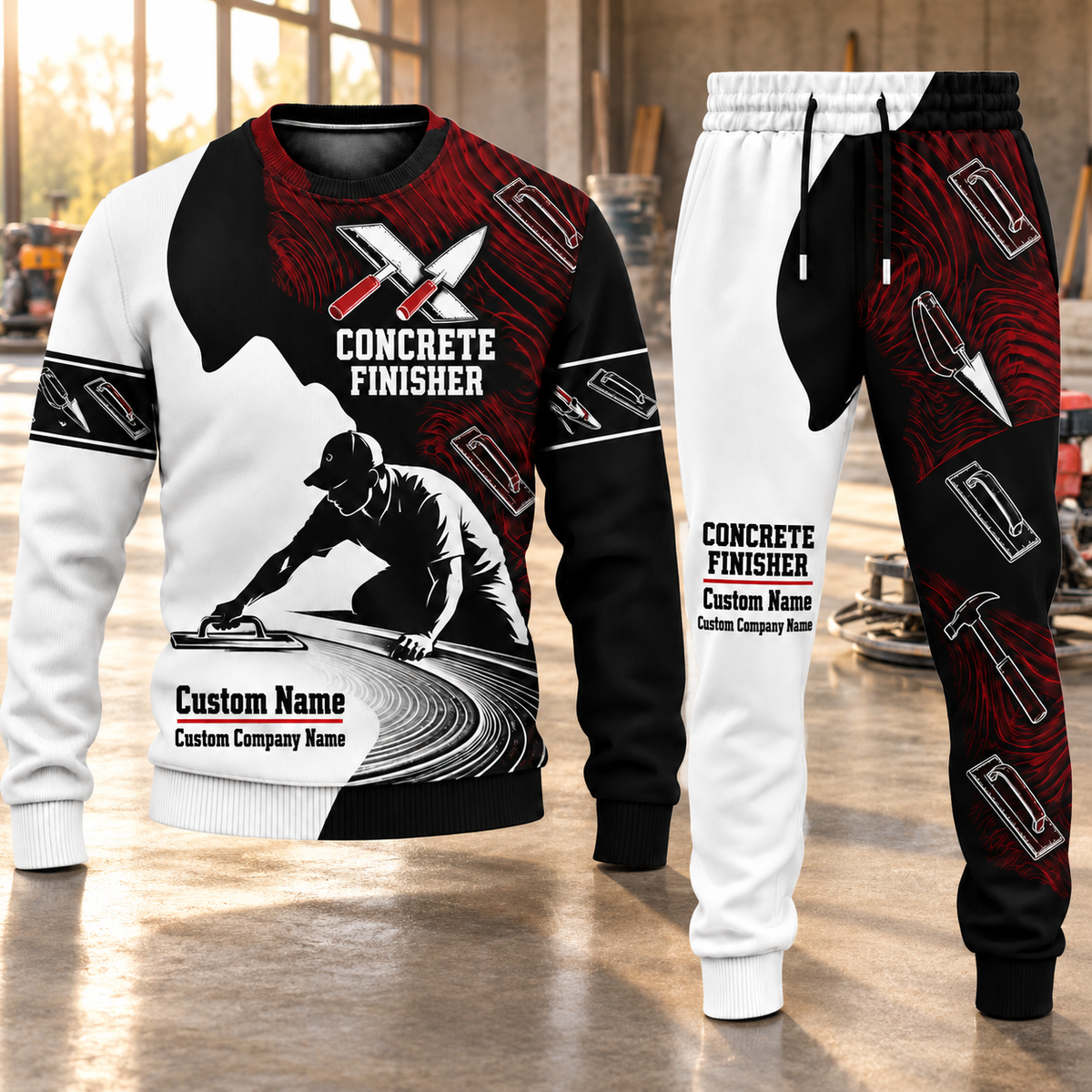 Concrete Finisher Contrast Silhouette sweater and jogger combo, hero view with name and company artwork