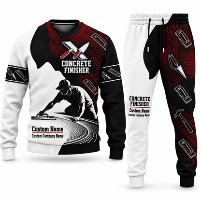 Concrete Finisher Contrast Silhouette sweater and jogger combo, tools view with name and company artwork