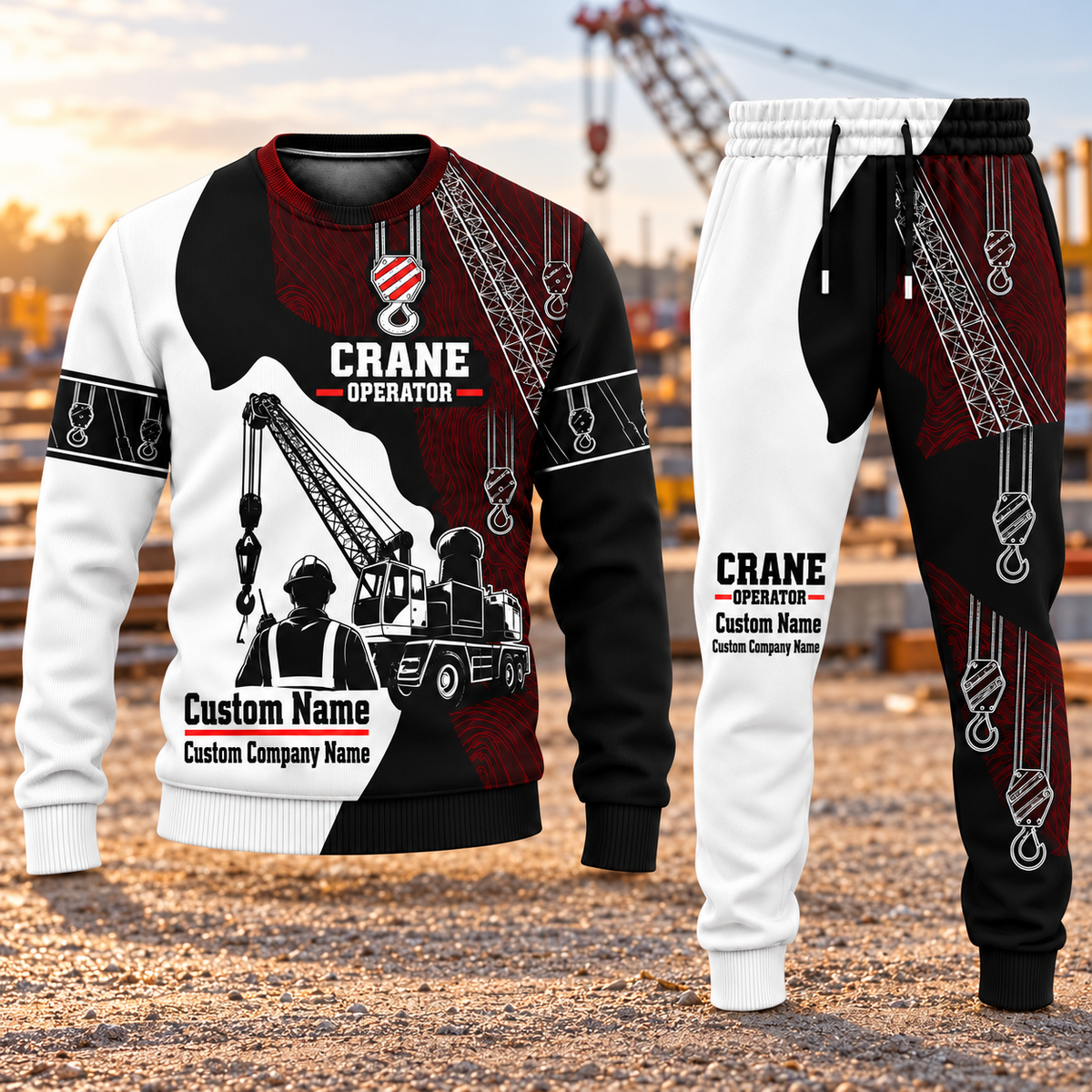 Crane Operator Contrast Silhouette sweater and jogger combo, hero view with name and company artwork