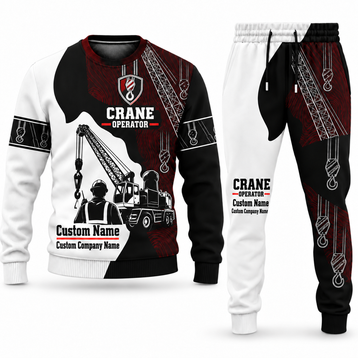 Crane Operator Contrast Silhouette sweater and jogger combo, emblem view with name and company artwork