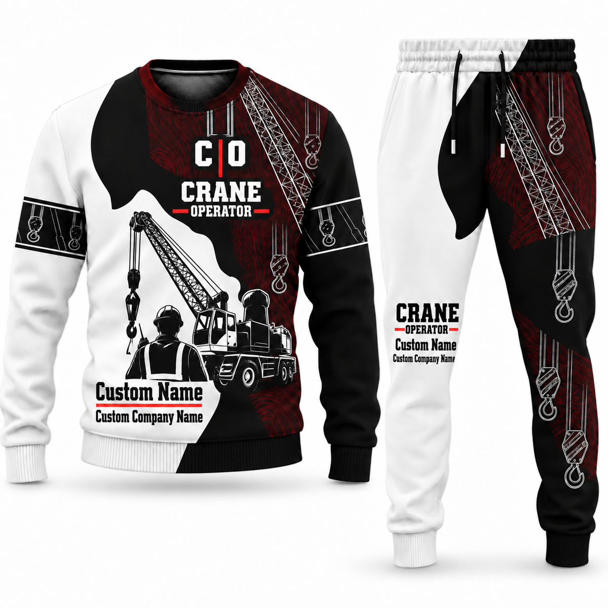 Crane Operator Contrast Silhouette sweater and jogger combo, typography view with name and company artwork