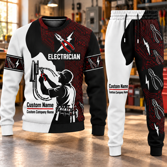 Electrician Contrast Silhouette sweater and jogger combo, hero view with name and company artwork