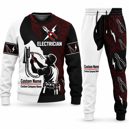 Electrician Contrast Silhouette sweater and jogger combo, tools view with name and company artwork