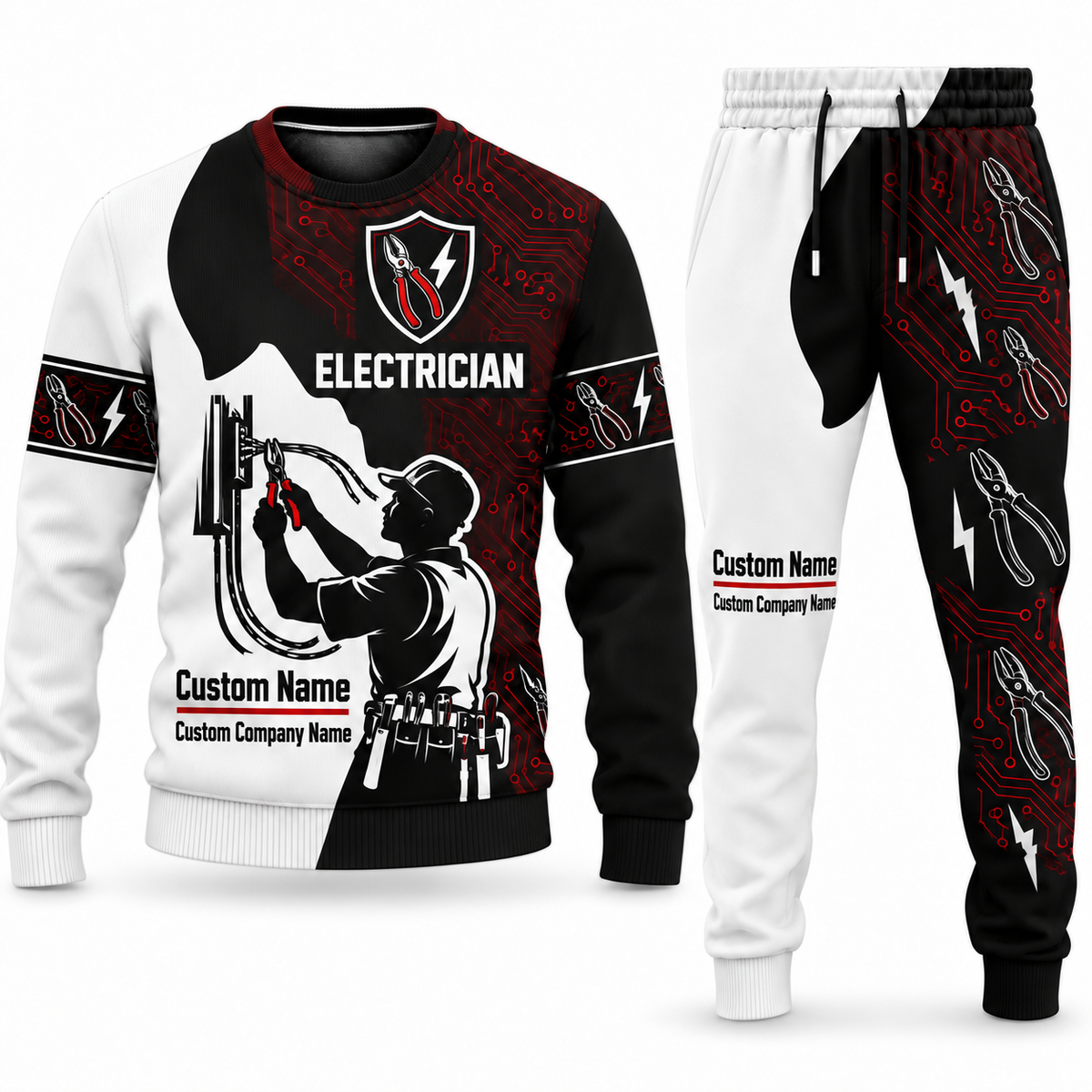 Electrician Contrast Silhouette sweater and jogger combo, emblem view with name and company artwork