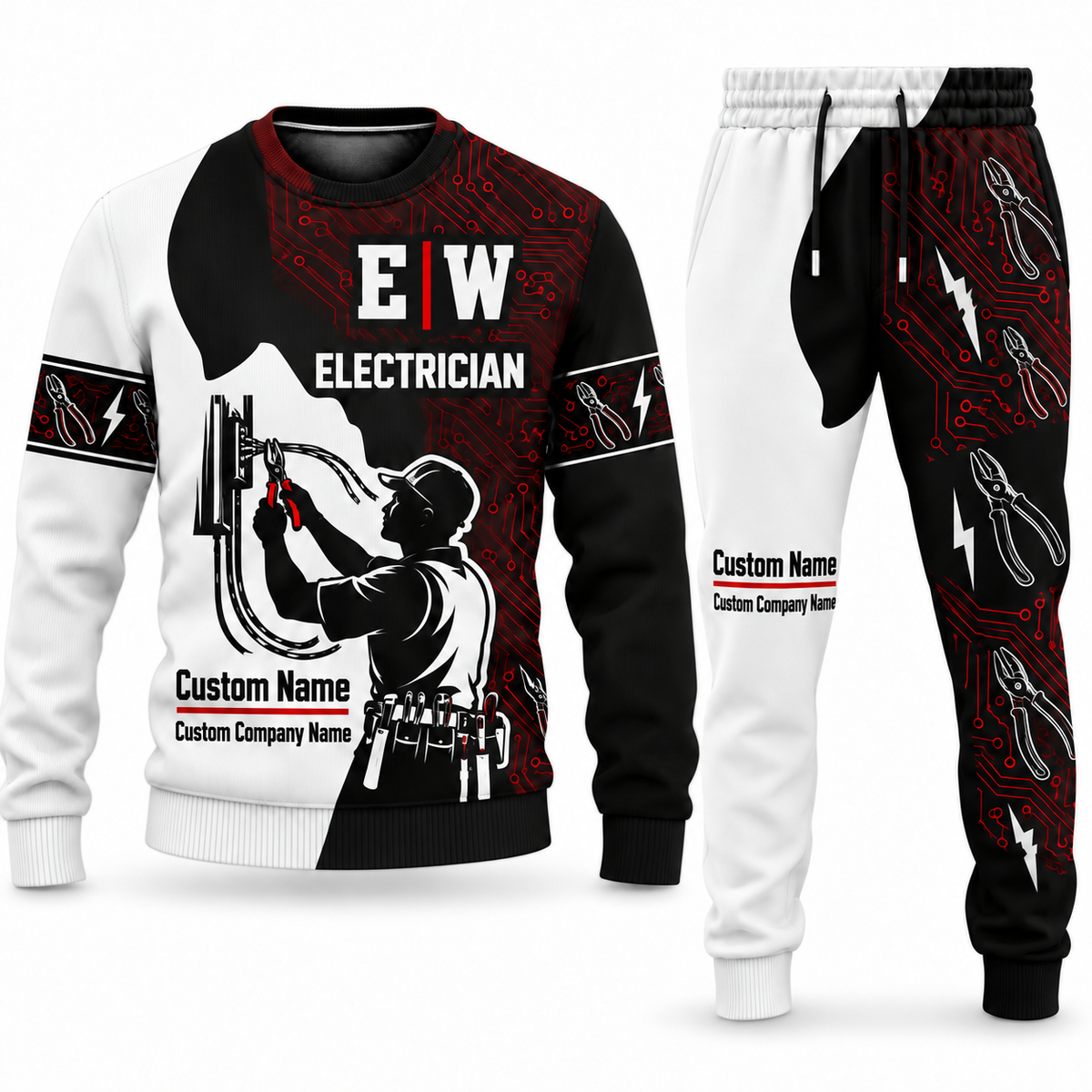 Electrician Contrast Silhouette sweater and jogger combo, typography view with name and company artwork