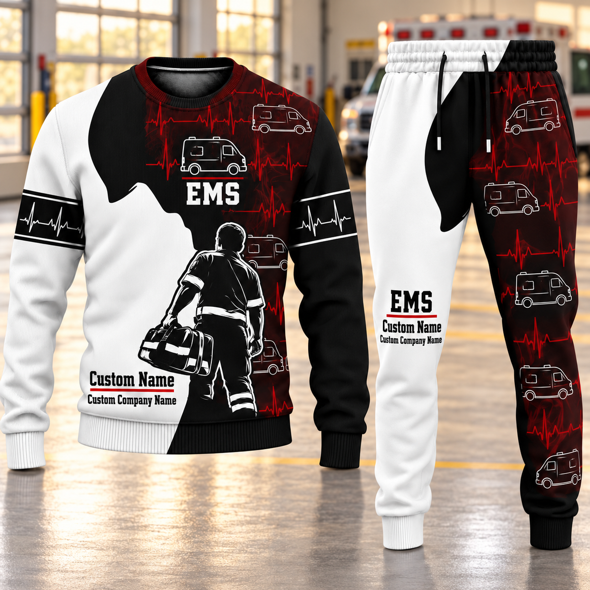 EMS Contrast Silhouette sweater and jogger combo, hero view with name and company artwork