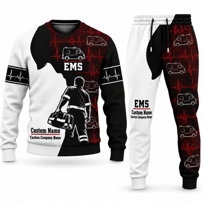 EMS Contrast Silhouette sweater and jogger combo, tools view with name and company artwork