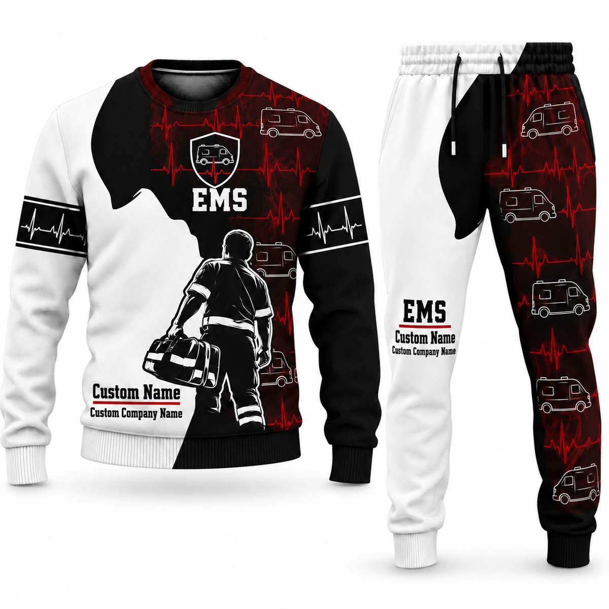 EMS Contrast Silhouette sweater and jogger combo, emblem view with name and company artwork