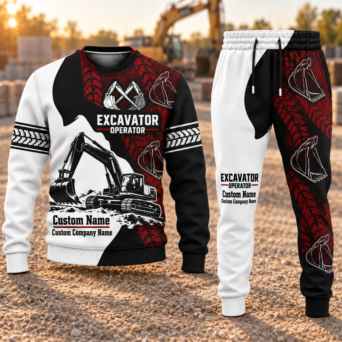 Excavator Operator Contrast Silhouette sweater and jogger combo, hero view with name and company artwork