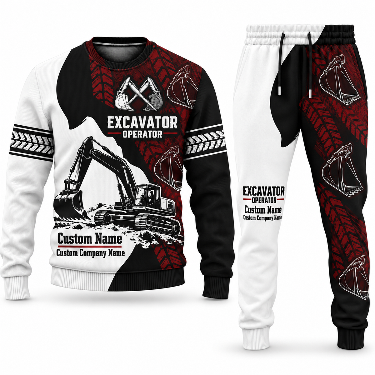 Excavator Operator Contrast Silhouette sweater and jogger combo, tools view with name and company artwork