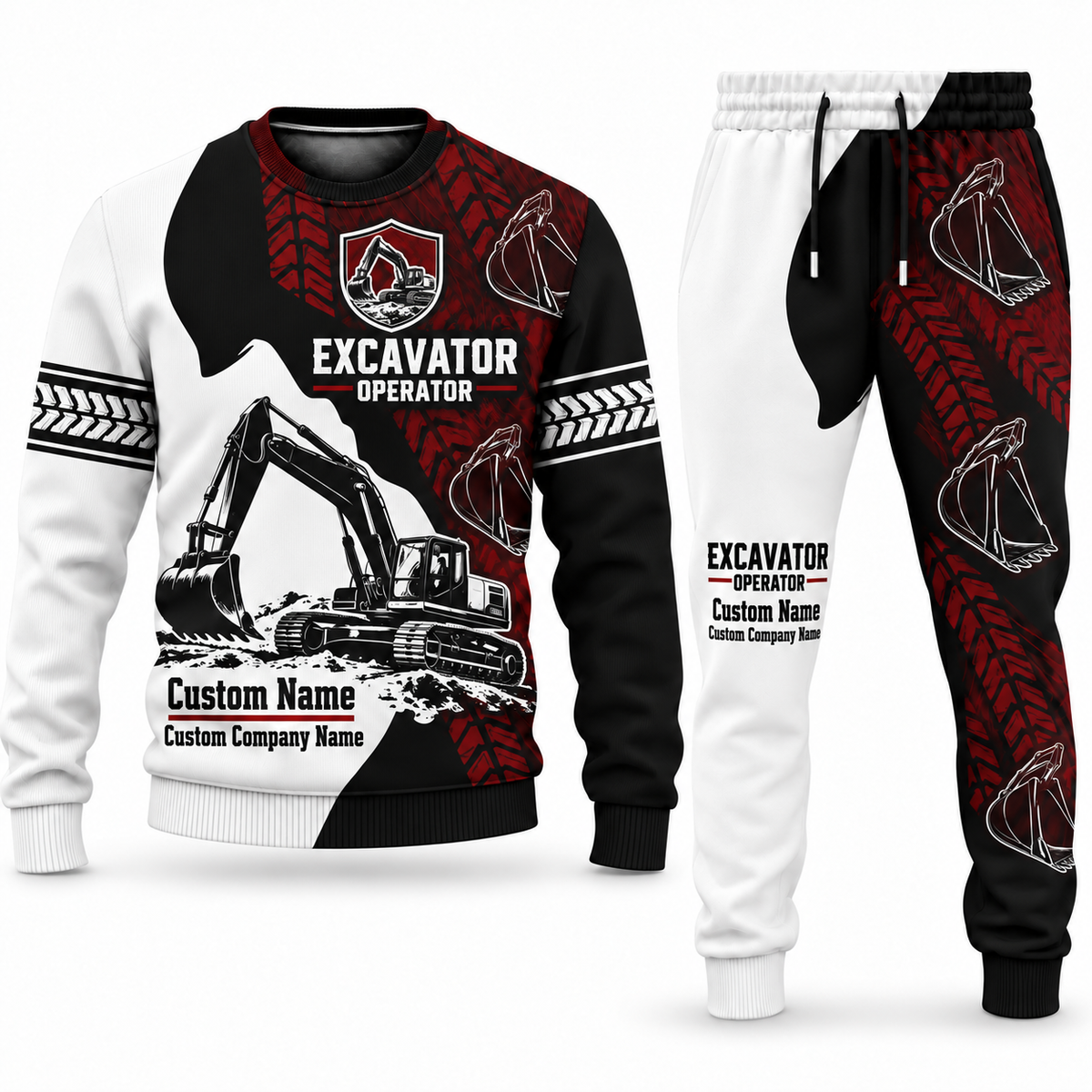 Excavator Operator Contrast Silhouette sweater and jogger combo, emblem view with name and company artwork