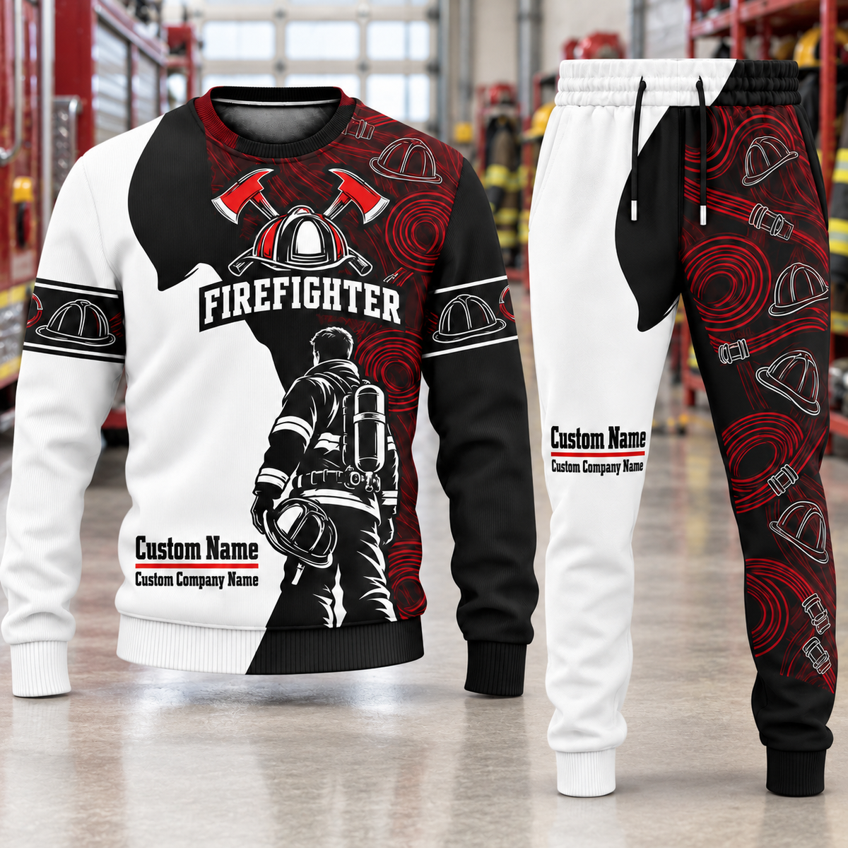 Firefighter Contrast Silhouette sweater and jogger combo, hero view with name and company artwork