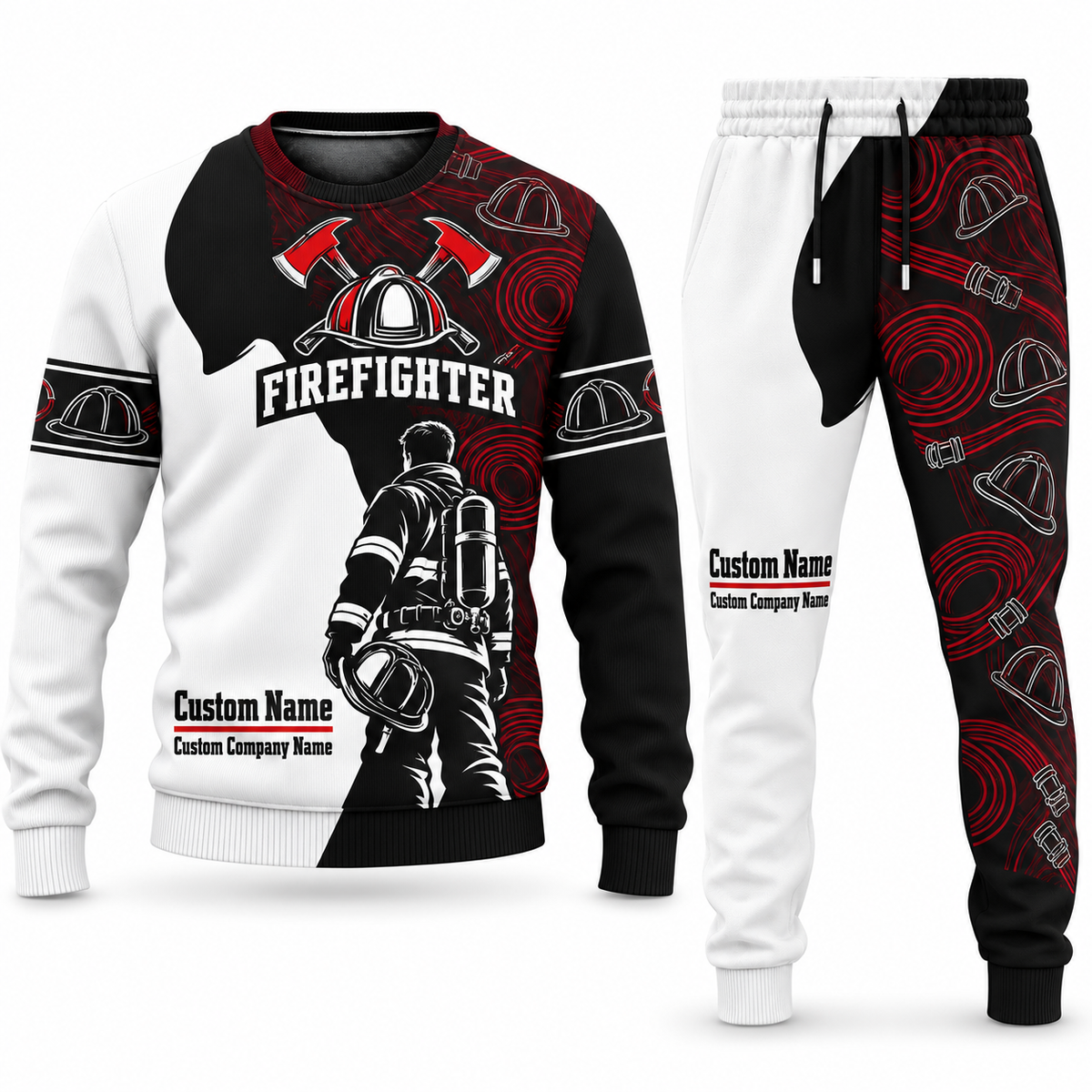 Firefighter Contrast Silhouette sweater and jogger combo, tools view with name and company artwork