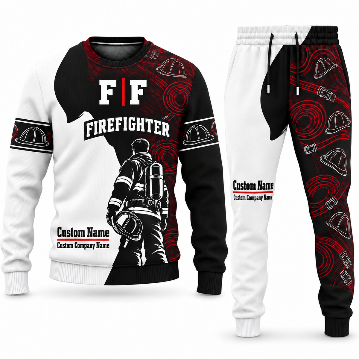 Firefighter Contrast Silhouette sweater and jogger combo, typography view with name and company artwork