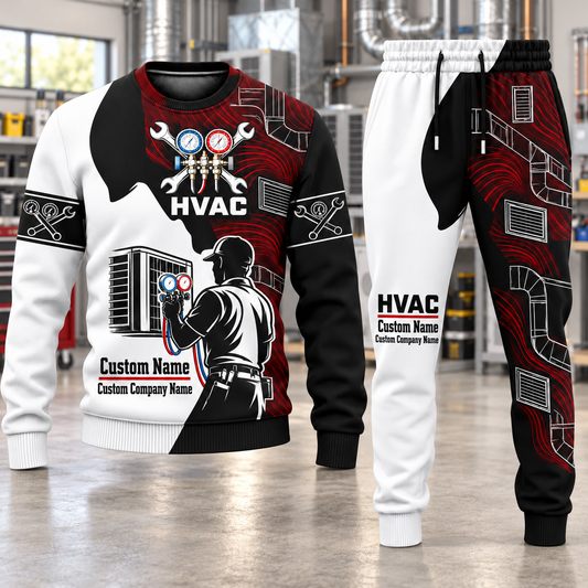HVAC Contrast Silhouette sweater and jogger combo, hero view with name and company artwork