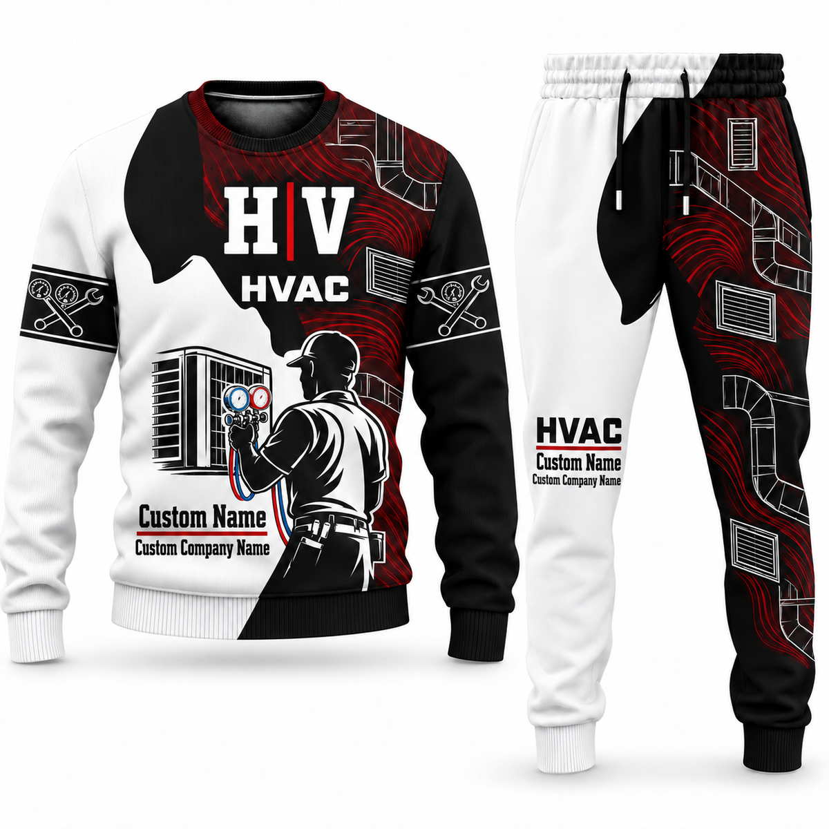 HVAC Contrast Silhouette sweater and jogger combo, typography view with name and company artwork