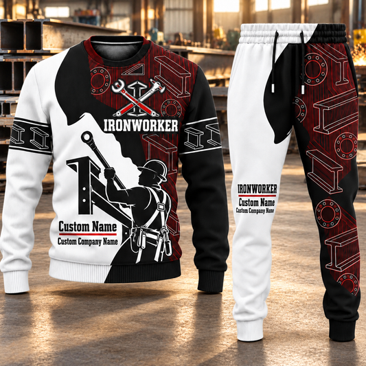 Ironworker Contrast Silhouette sweater and jogger combo, hero view with name and company artwork