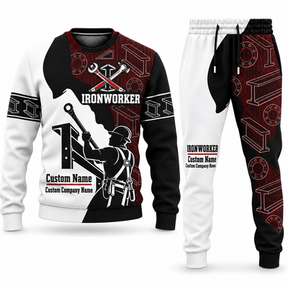 Ironworker Contrast Silhouette sweater and jogger combo, tools view with name and company artwork