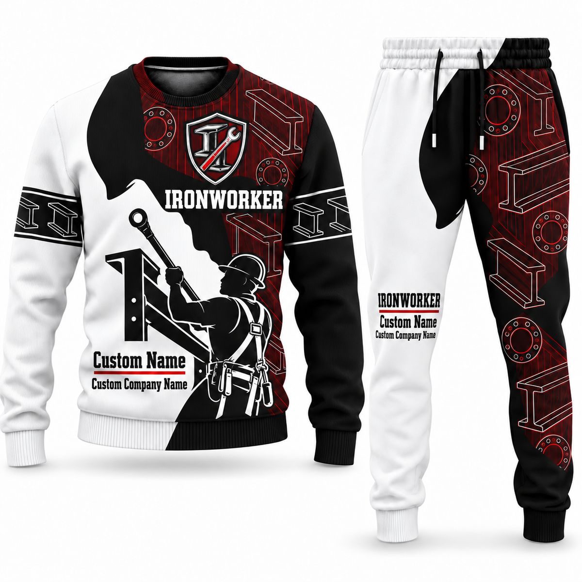 Ironworker Contrast Silhouette sweater and jogger combo, emblem view with name and company artwork