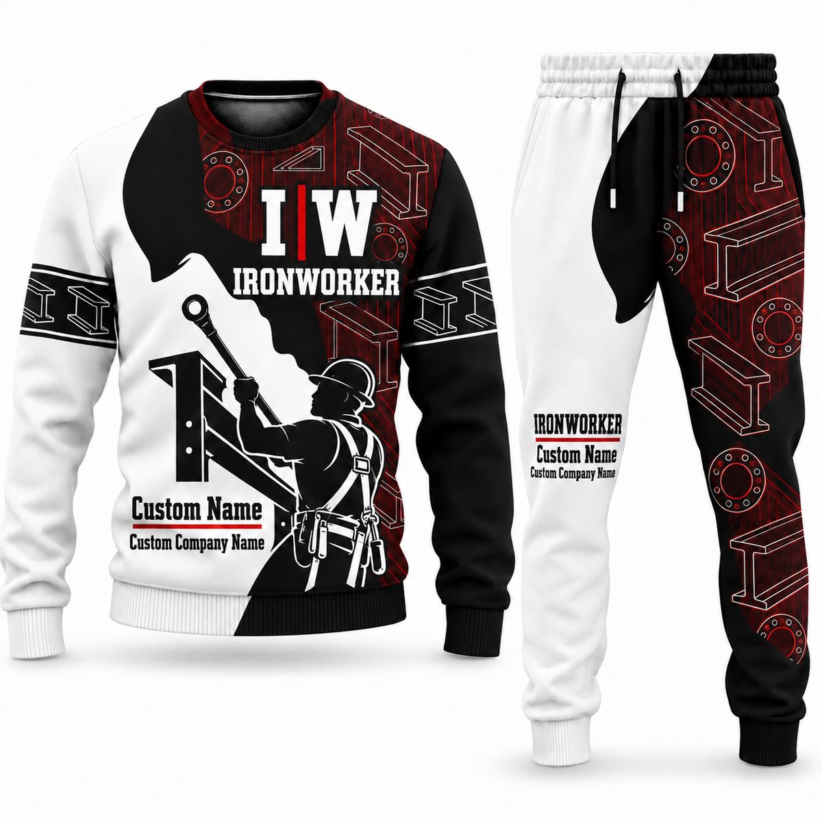 Ironworker Contrast Silhouette sweater and jogger combo, typography view with name and company artwork