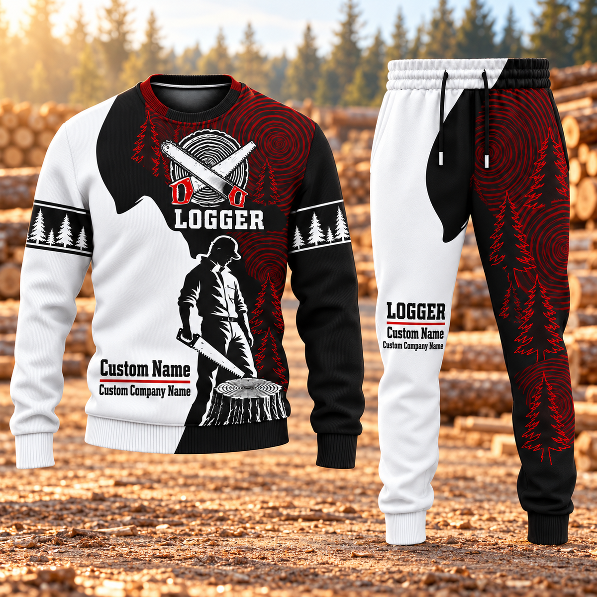 Logger Contrast Silhouette sweater and jogger combo, hero view with name and company artwork
