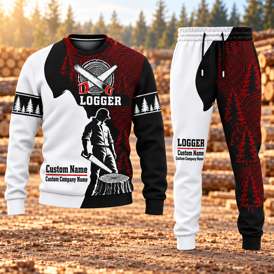 Logger Contrast Silhouette sweater and jogger combo, hero view with name and company artwork