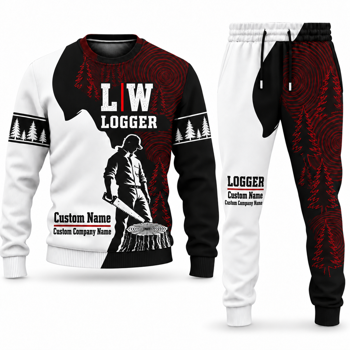 Logger Contrast Silhouette sweater and jogger combo, typography view with name and company artwork
