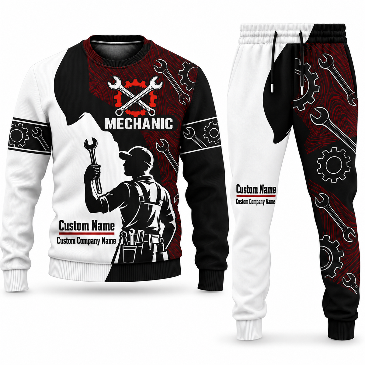 Mechanic Contrast Silhouette sweater and jogger combo, tools view with name and company artwork