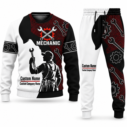 Mechanic Contrast Silhouette sweater and jogger combo, tools view with name and company artwork