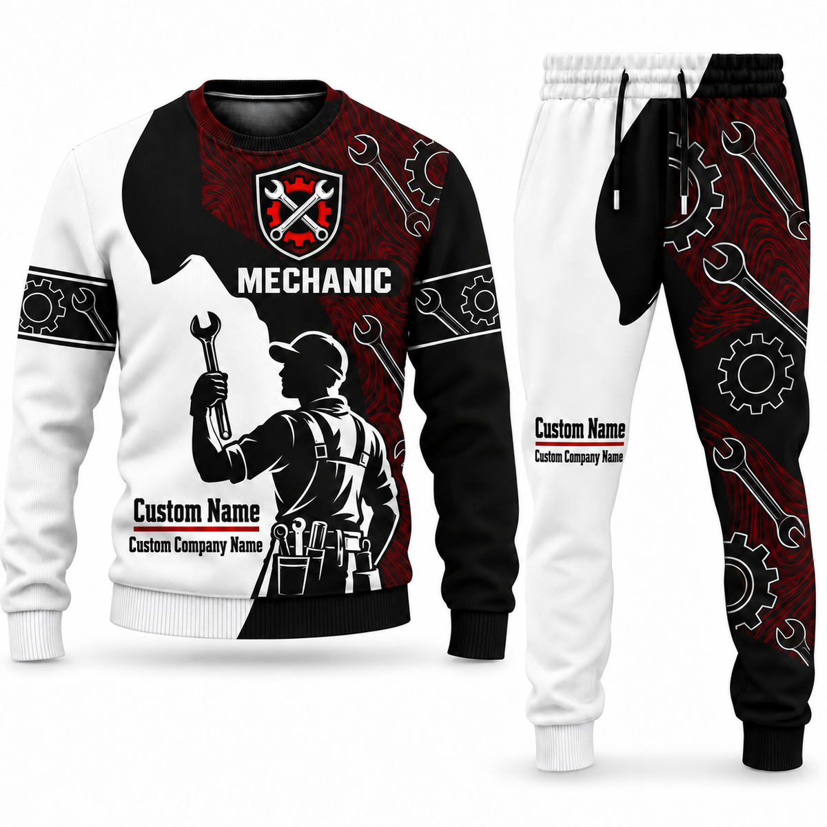 Mechanic Contrast Silhouette sweater and jogger combo, emblem view with name and company artwork