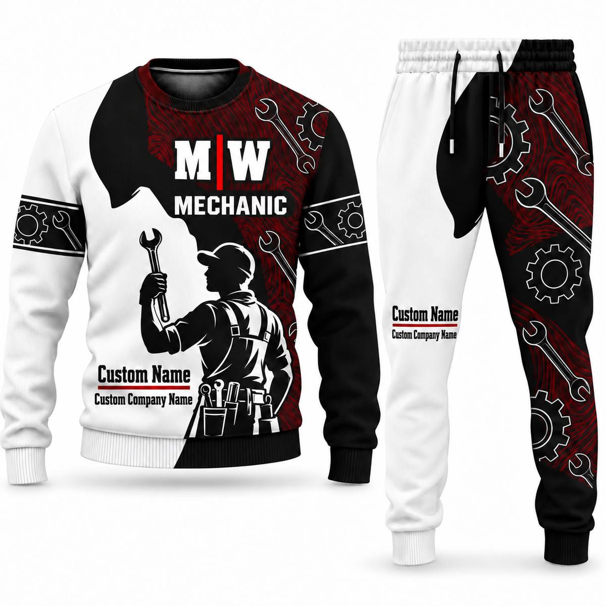 Mechanic Contrast Silhouette sweater and jogger combo, typography view with name and company artwork