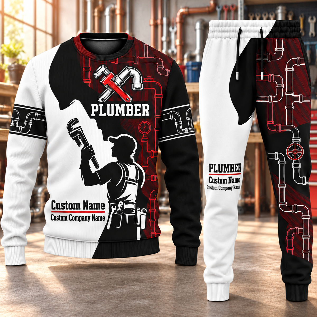 Plumber Contrast Silhouette sweater and jogger combo, hero view with name and company artwork