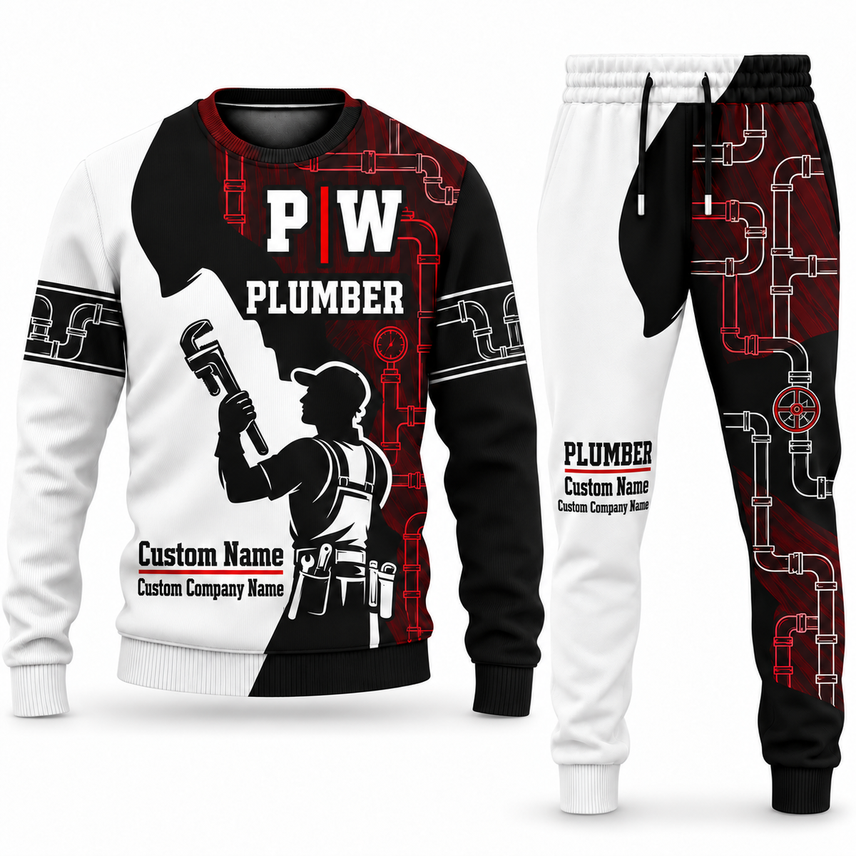 Plumber Contrast Silhouette sweater and jogger combo, typography view with name and company artwork