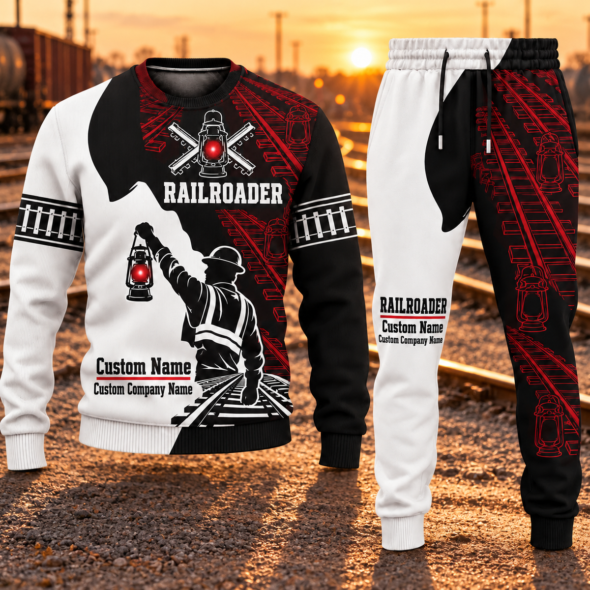 Railroader Contrast Silhouette sweater and jogger combo, hero view with name and company artwork