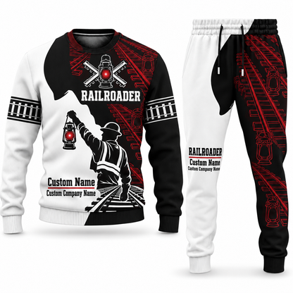 Railroader Contrast Silhouette sweater and jogger combo, tools view with name and company artwork