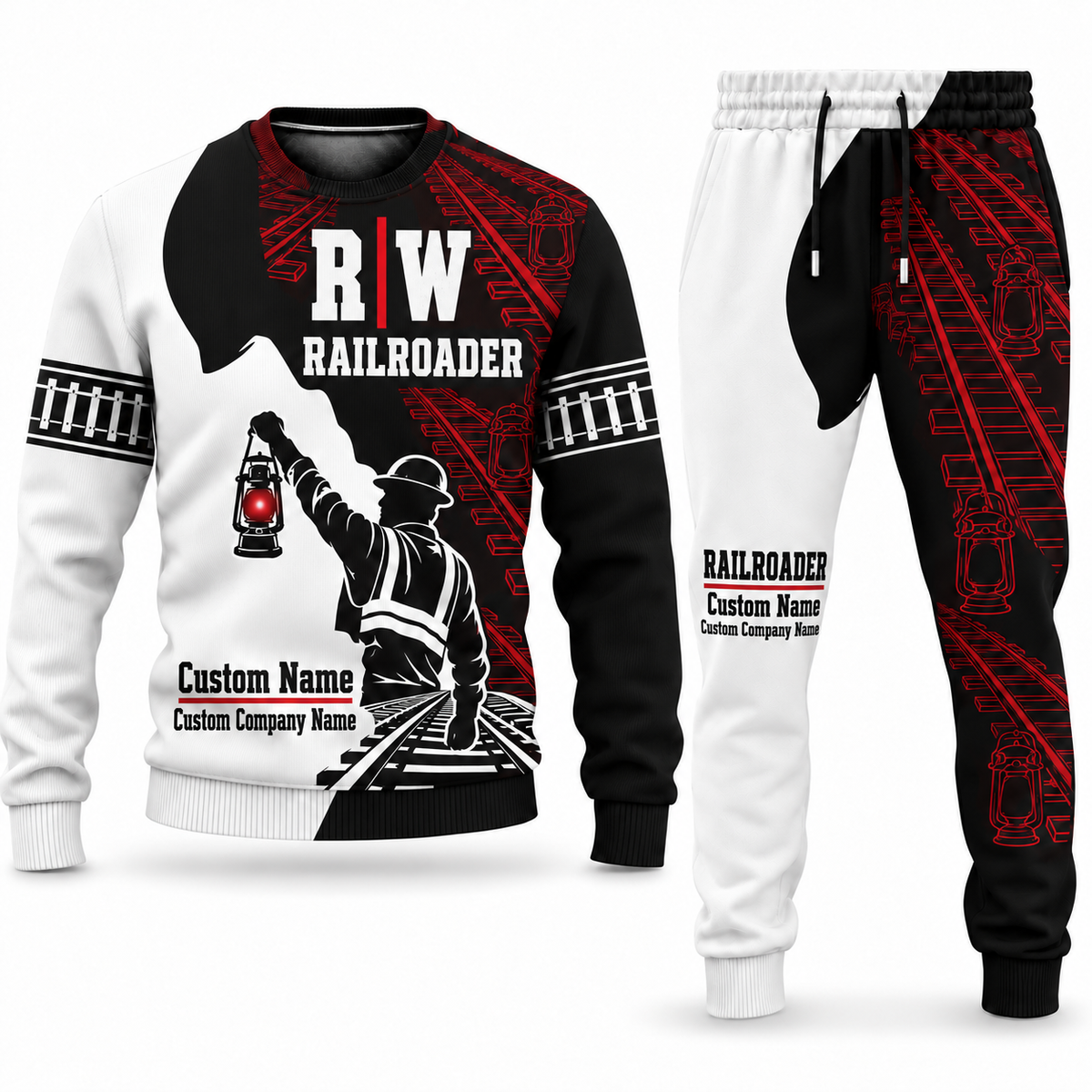 Railroader Contrast Silhouette sweater and jogger combo, typography view with name and company artwork