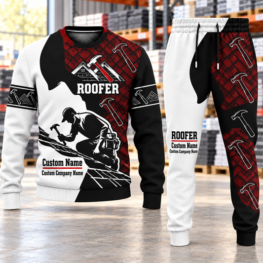 Roofer Contrast Silhouette sweater and jogger combo, hero view with name and company artwork