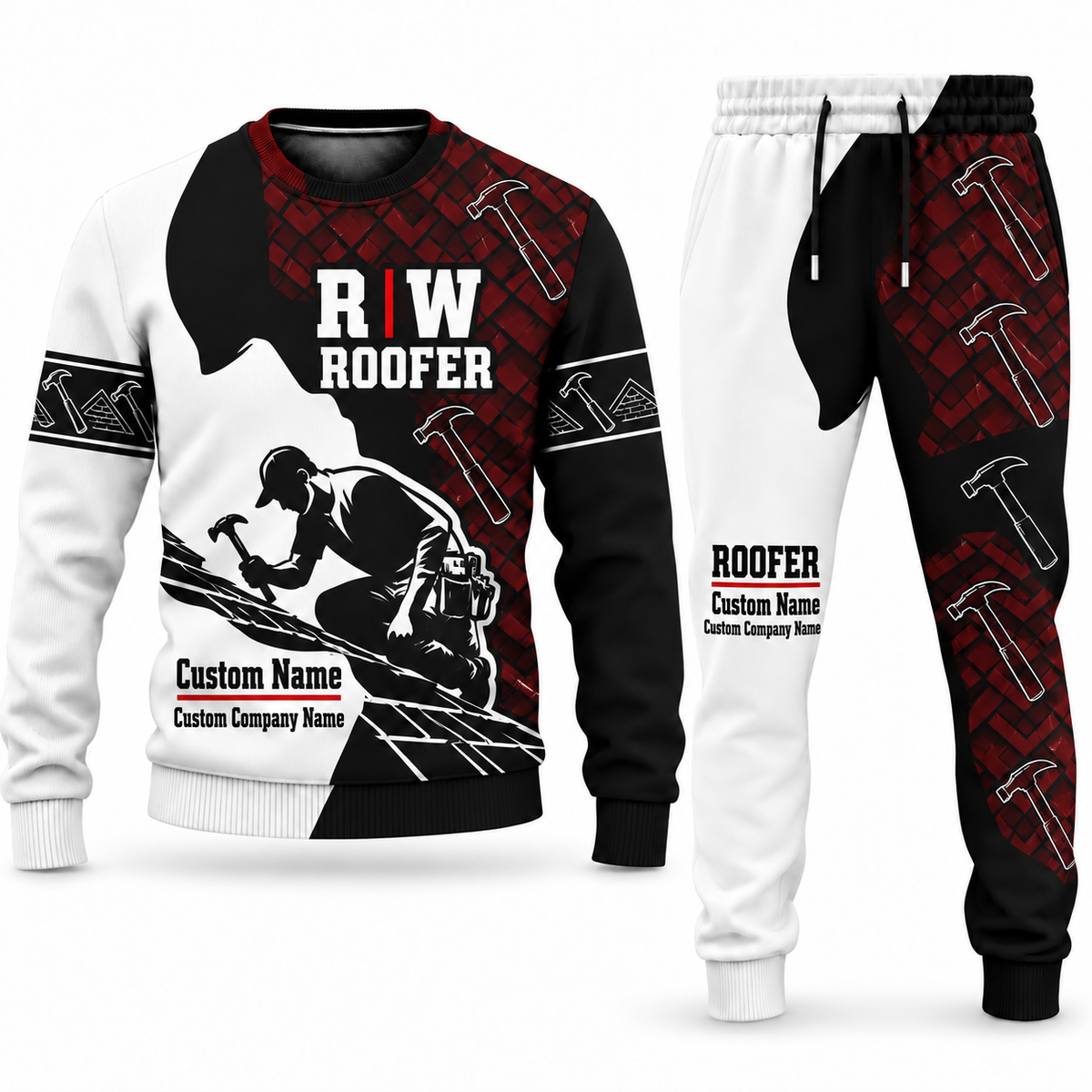 Roofer Contrast Silhouette sweater and jogger combo, typography view with name and company artwork