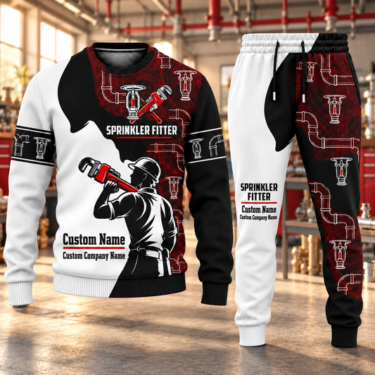 Sprinkler Fitter Contrast Silhouette sweater and jogger combo, hero view with name and company artwork