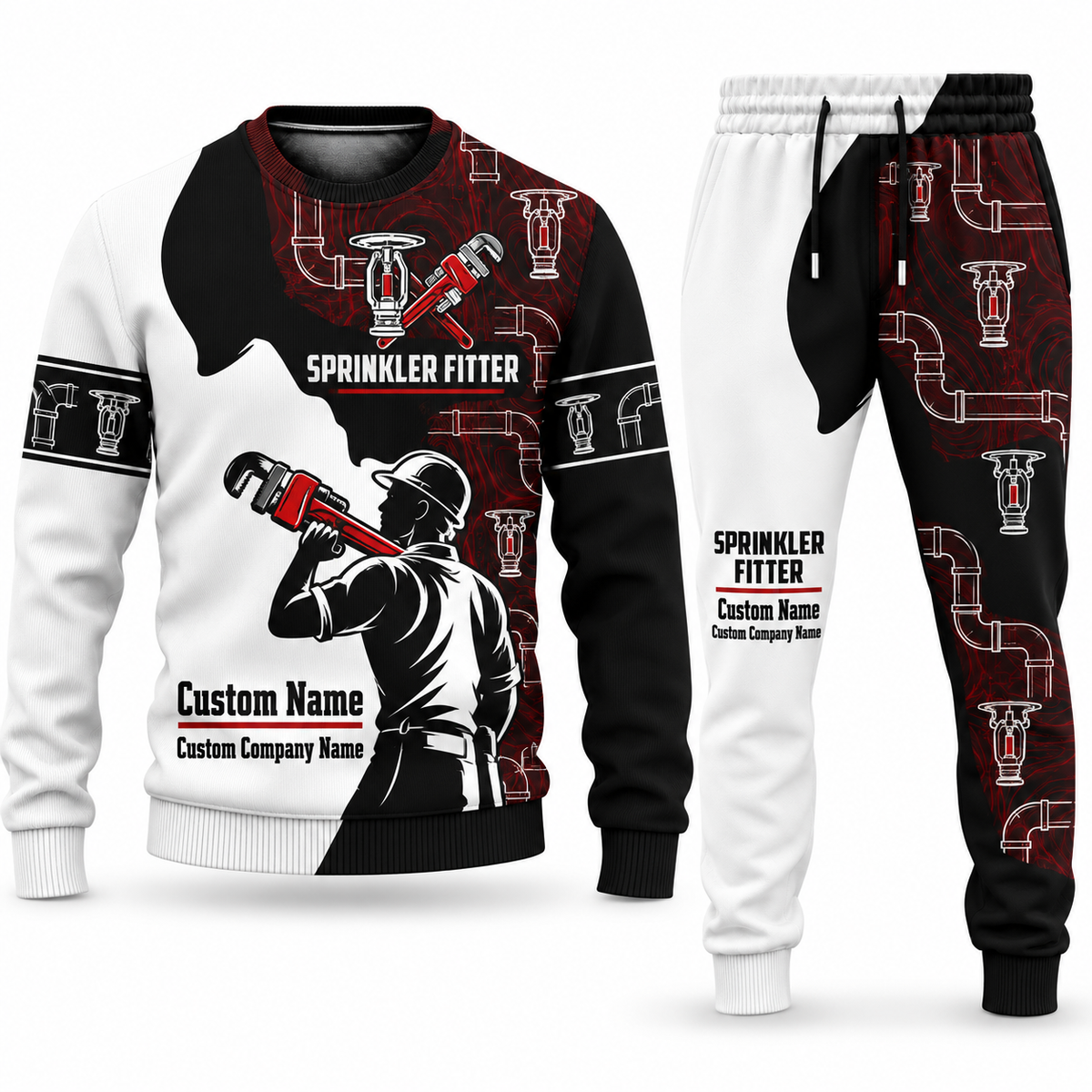 Sprinkler Fitter Contrast Silhouette sweater and jogger combo, tools view with name and company artwork