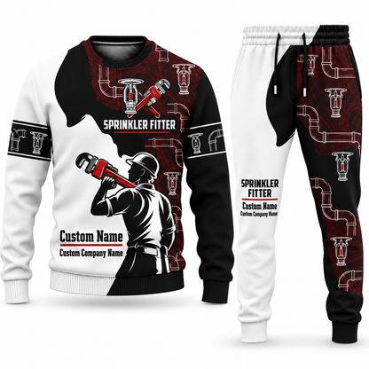 Sprinkler Fitter Contrast Silhouette sweater and jogger combo, tools view with name and company artwork