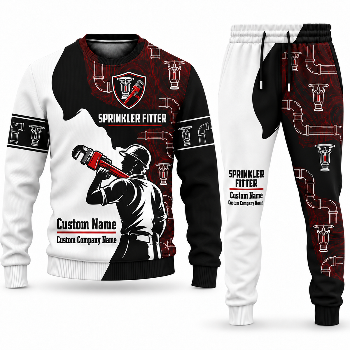Sprinkler Fitter Contrast Silhouette sweater and jogger combo, emblem view with name and company artwork