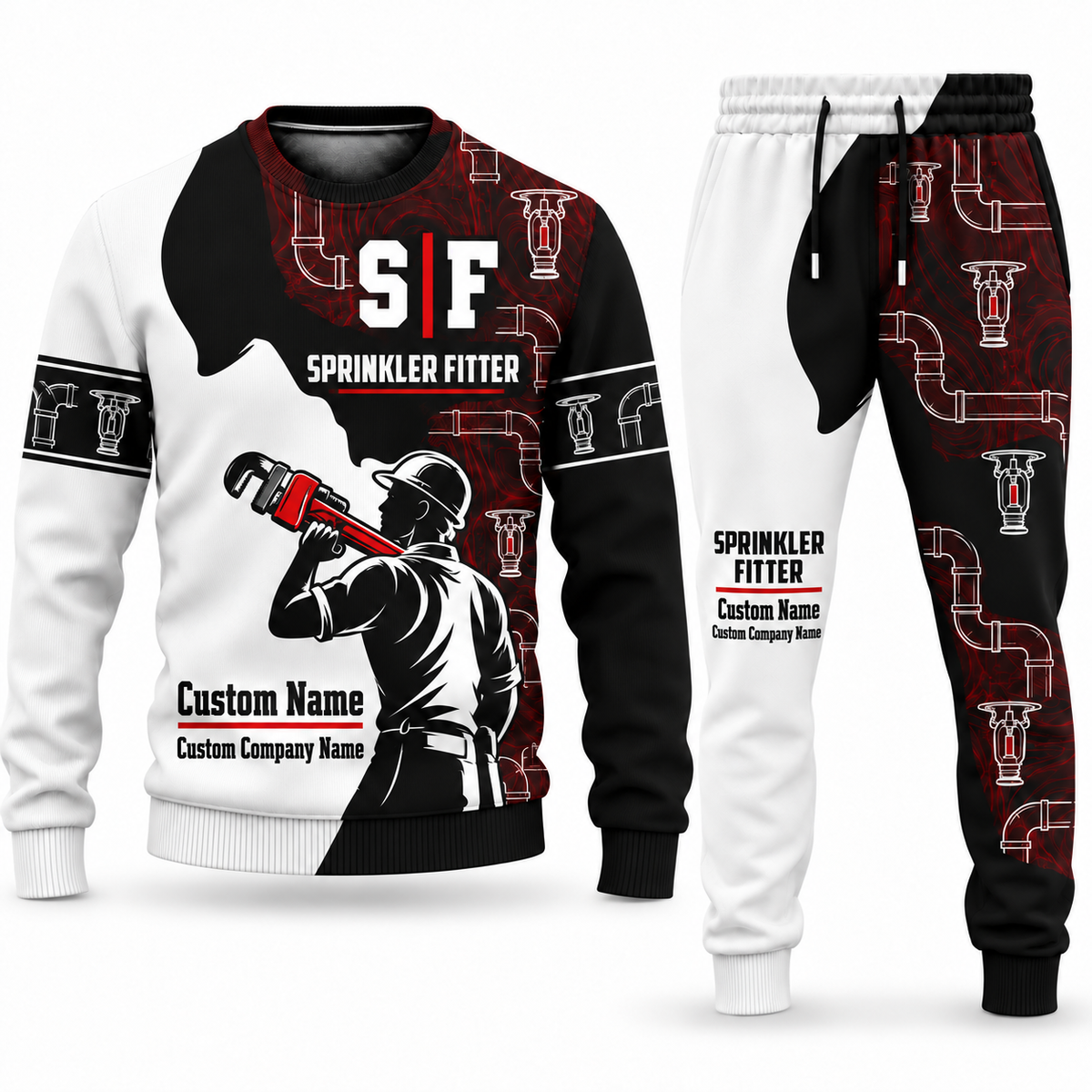 Sprinkler Fitter Contrast Silhouette sweater and jogger combo, typography view with name and company artwork