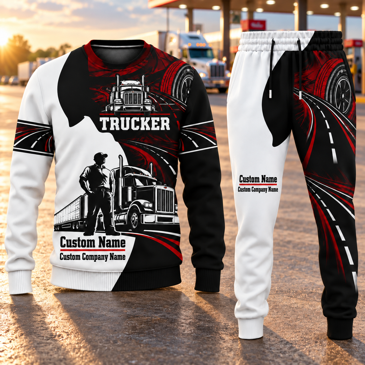 Trucker Contrast Silhouette sweater and jogger combo, hero view with name and company artwork