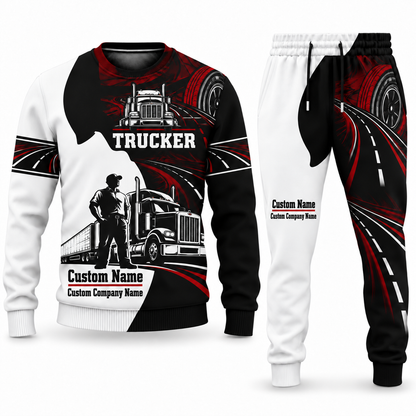 Trucker Contrast Silhouette sweater and jogger combo, tools view with name and company artwork