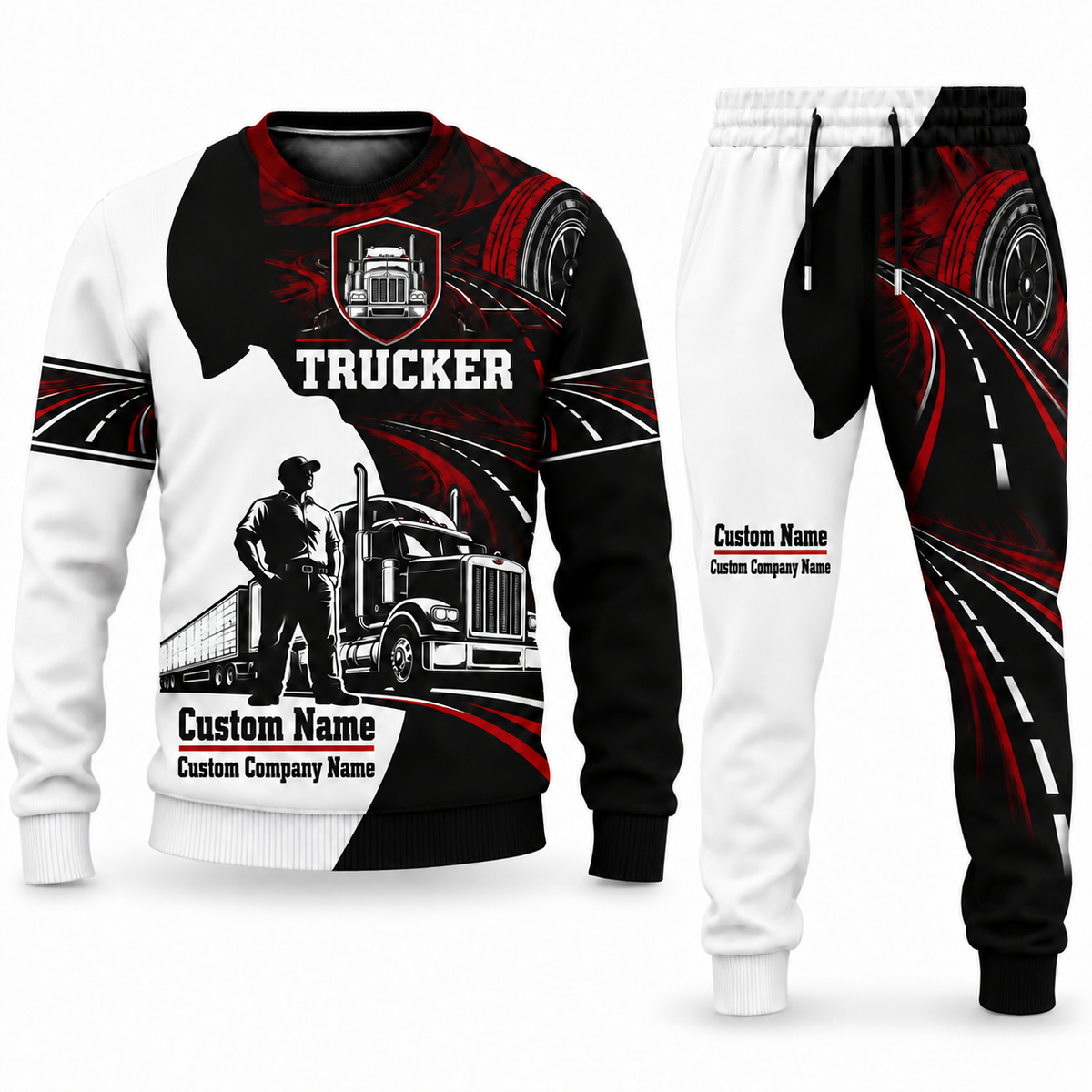 Trucker Contrast Silhouette sweater and jogger combo, emblem view with name and company artwork