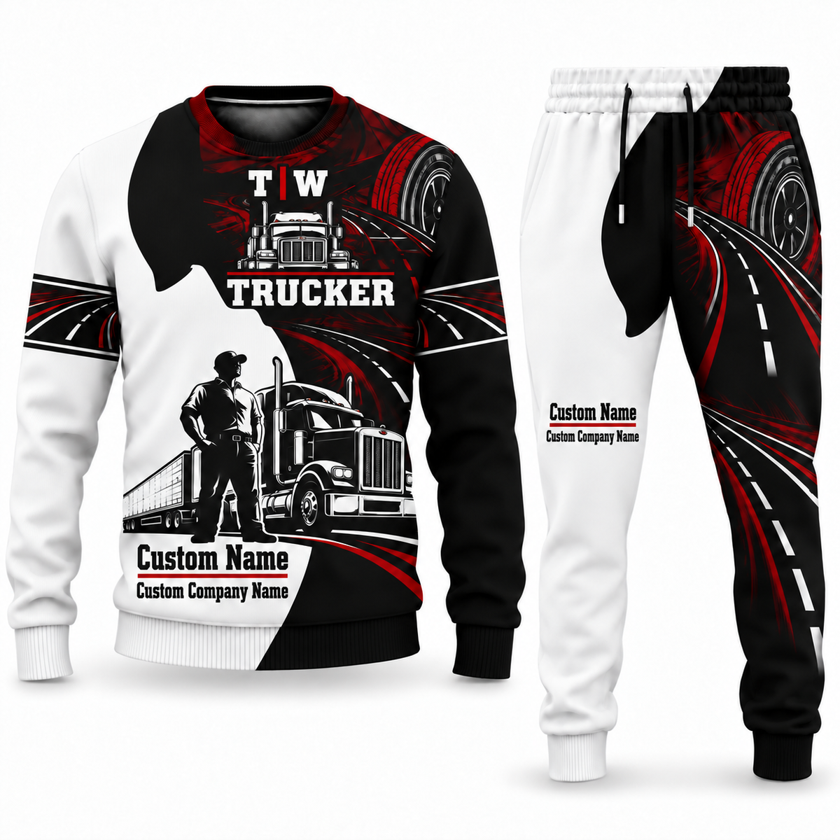 Trucker Contrast Silhouette sweater and jogger combo, typography view with name and company artwork