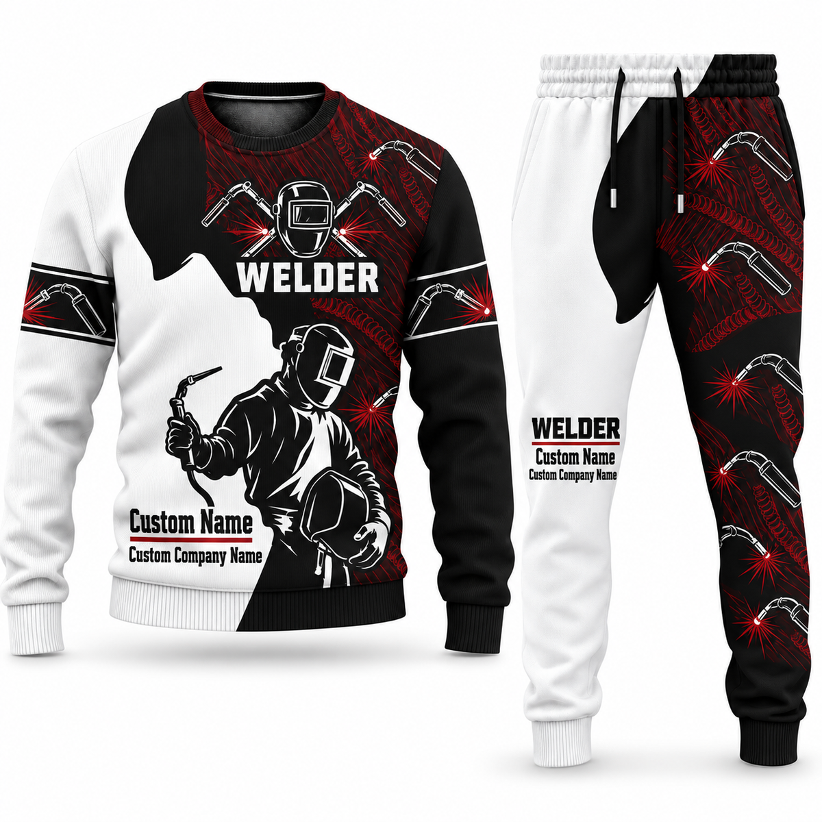 Welder Contrast Silhouette sweater and jogger combo, tools view with name and company artwork