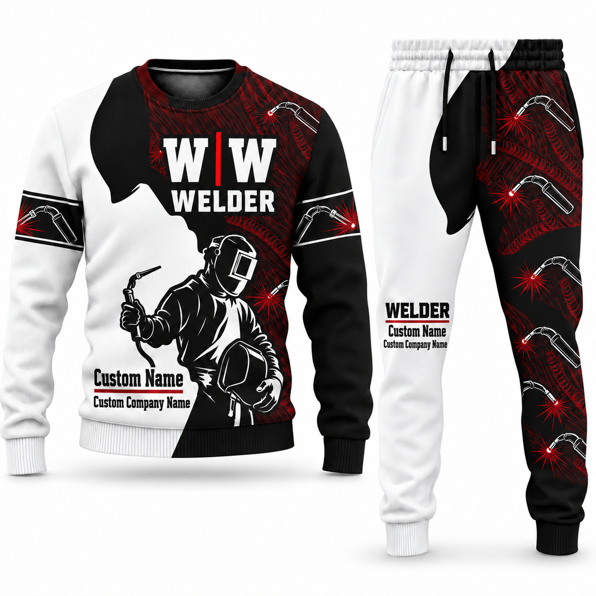 Welder Contrast Silhouette sweater and jogger combo, typography view with name and company artwork